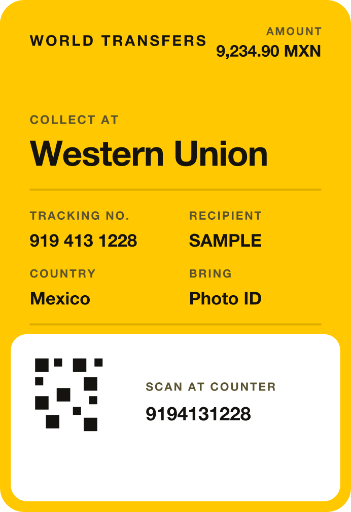 Sample World Transfers pass: 9,234.90 MXN, collect at Western Union, tracking number 919 413 1228, recipient SAMPLE, Mexico, bring photo ID